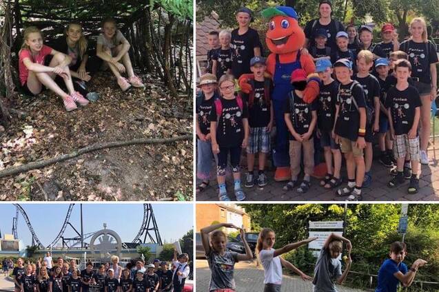 Verschiedene Szenen von Kindern: Im Spiel, mit einem Maskottchen und bei einer Gruppenaktivit&auml;t im Freien.