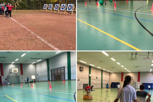 Sportliche Aktivit&auml;ten in zwei Bereichen: Bogenschie&szlig;en im Freien und Bewegungs&uuml;bungen in einer Turnhalle.