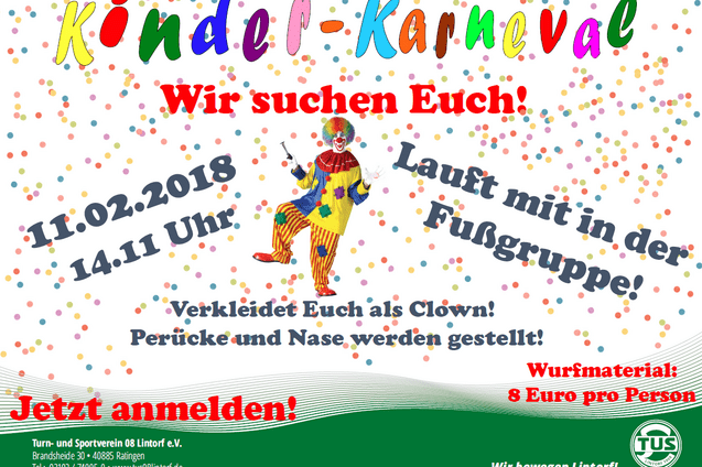 Buntes Karnevalsposter f&uuml;r Kinder mit Clown, Datum, Uhrzeit und Anmeldedetails, um an einem Umzug teilzunehmen.