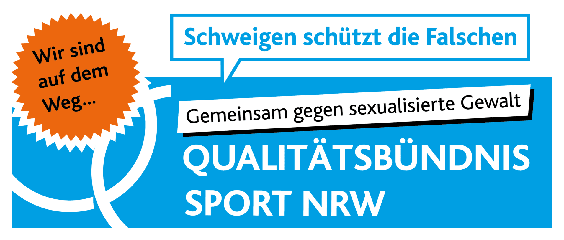 Logo des Qualit&auml;tsb&uuml;ndnisses Sport NRW mit dem Slogan &bdquo;Gemeinsam gegen sexualisierte Gewalt&ldquo; und weiteren Hinweisen.
