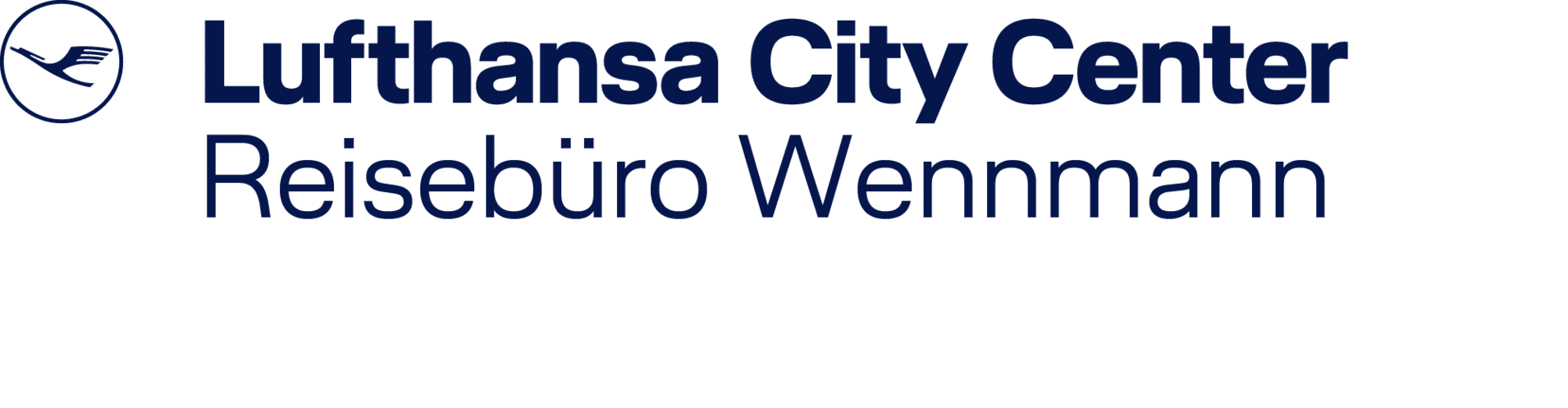 Logo des Lufthansa City Centers, Reiseb&uuml;ro Wennmann, in blauer Schrift auf hellem Hintergrund.