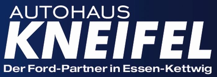 Logo des Autohauses Kneifel, Ford-Partner in Essen-Kettwig, in großen weißen Buchstaben auf blauem Hintergrund.