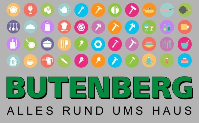 Grafik mit bunten Symbolen von K&uuml;chen- und Werkzeugutensilien sowie dem Schriftzug &bdquo;BUTENBERG - ALLES RUND UMS HAUS&ldquo;.