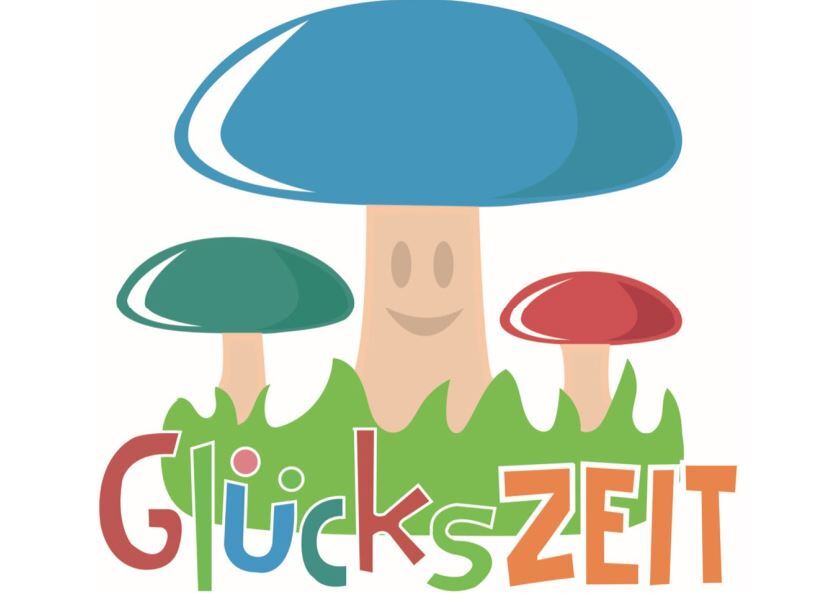 Bunte, grafische Darstellung von drei Pilzen mit dem Text &bdquo;Gl&uuml;ckszeit&ldquo; auf gr&uuml;nem Grund.