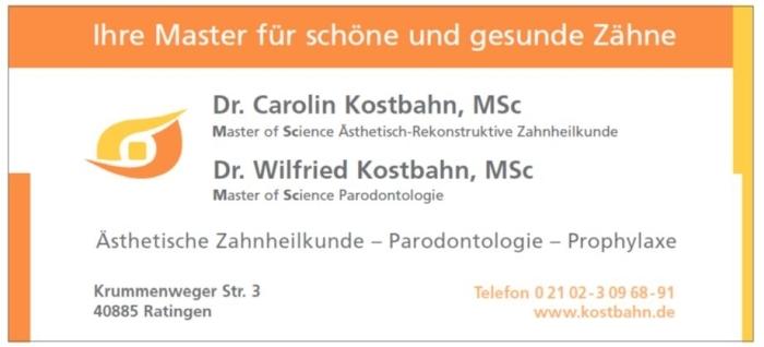 Visitenkarte von Dr. Carolin und Dr. Wilfried Kostbahn mit Kontaktdaten und Fachgebieten der Zahnheilkunde.