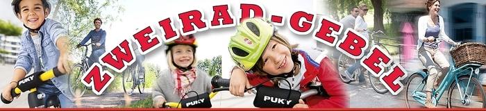 Collage mit Kindern und Erwachsenen auf Fahrr&auml;dern, einige tragen Helme, Schriftzug &bdquo;ZWEIRAD-GEBEL&ldquo; oben.