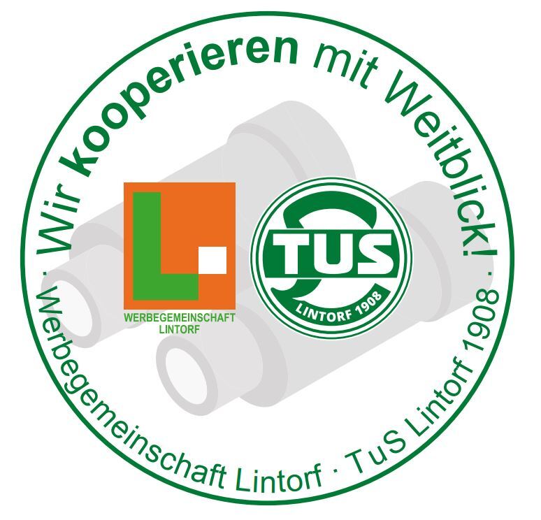 Logo der Werbegemeinschaft Lintorf und TuS Lintorf 1908 mit der Aufschrift &bdquo;Wir kooperieren mit Weitblick&ldquo;.