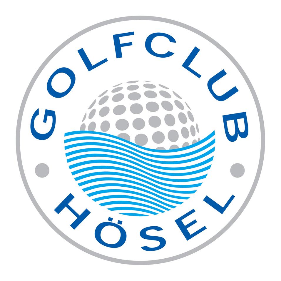 Logo des Golfclubs H&ouml;sel mit einem Golfball und Wellenmotiv in Blau und Grau auf wei&szlig;em Hintergrund.