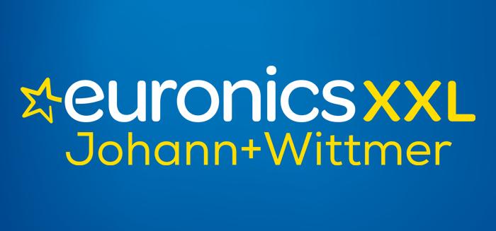 Logo von Euronics XXL Johann + Wittmer auf blauem Hintergrund mit gelben und weißen Schriftzügen.