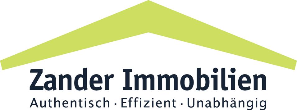 Logo von Zander Immobilien mit gr&uuml;nem Dachsymbol und Slogan &bdquo;Authentisch, Effizient, Unabh&auml;ngig&ldquo;.