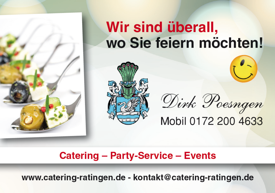 Bunt dekorierte Teller mit Speisen auf einer wei&szlig;en Fl&auml;che, begleitet von Kontaktdaten und Catering-Angeboten.