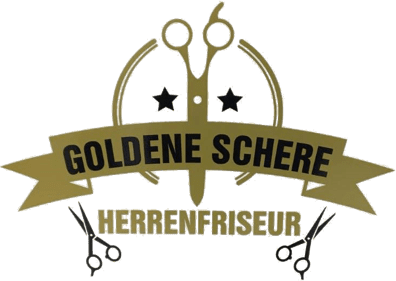 Logo eines Herrenfriseursalons mit zwei Scheren, Text „Goldene Schere Herrenfriseur“ und zwei kleinen Scheren darunter.