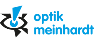 Logo von Optik Meinhardt mit blauem Auge und stilisierter Pfeilspitze.