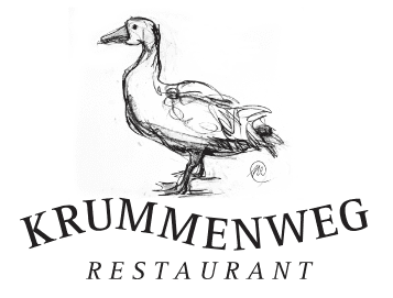 Skizze einer Ente mit dem Schriftzug &bdquo;KRUMMENWEG RESTAURANT&ldquo; darunter.