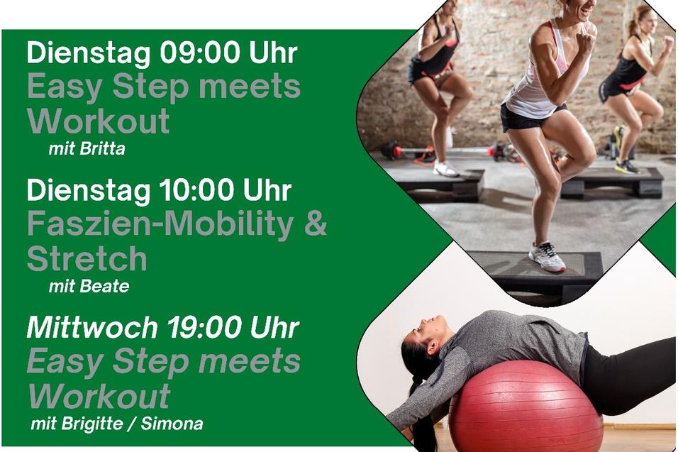 Plakat für TUSfit mit Trainingsangeboten: Easy Step Workout und Faszien-Mobility im Januar 2025.
