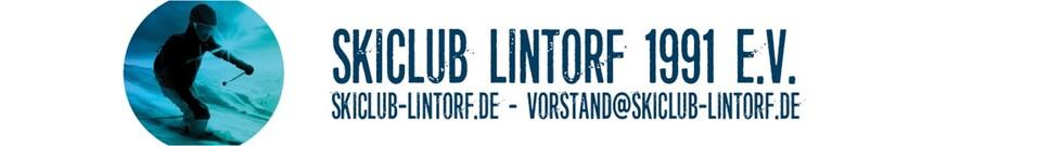 Logo des Skiclubs Lintorf mit einer silhuettenhaften Ski-fahrenden Person auf blauen Hintergrund.