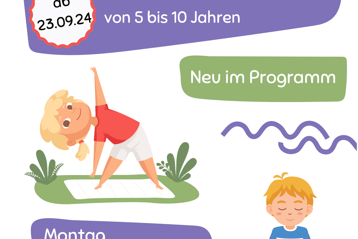 Bunte Programmank&uuml;ndigung f&uuml;r Yoga und Entspannung f&uuml;r Kinder von 5 bis 10 Jahren, Beginn am 23.09.24.