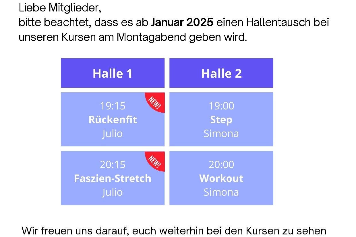 Informationen zum Hallentausch bei TuSfit am Montagabend ab Januar 2025, mit Kurszeiten und Trainern aufgelistet.