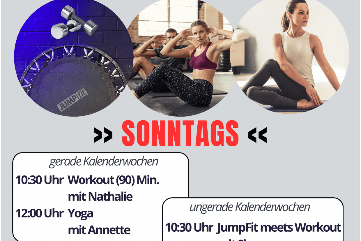 Werbung f&uuml;r das Sportprogramm von TUSfit mit Kurszeiten f&uuml;r Sonntag und Bildern von Sportger&auml;ten und -aktivit&auml;ten.