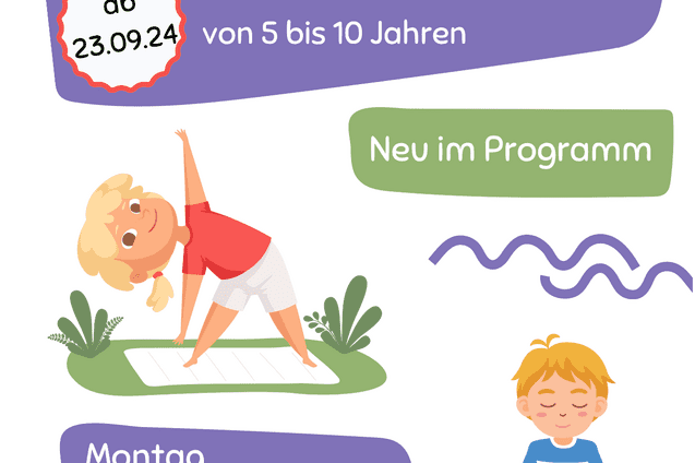 Bunte Programmank&uuml;ndigung f&uuml;r Yoga und Entspannung f&uuml;r Kinder von 5 bis 10 Jahren, Beginn am 23.09.24.