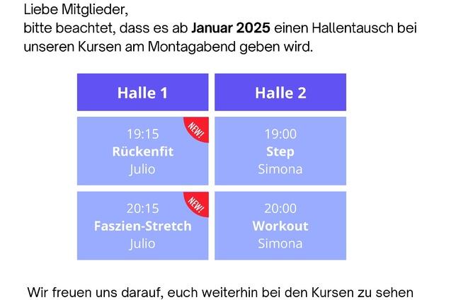 Informationen zum Hallentausch bei TuSfit am Montagabend ab Januar 2025, mit Kurszeiten und Trainern aufgelistet.
