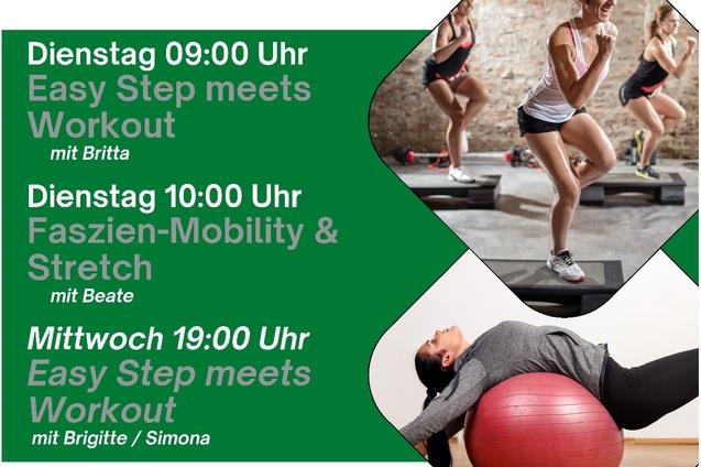 Plakat f&uuml;r TUSfit mit Trainingsangeboten: Easy Step Workout und Faszien-Mobility im Januar 2025.