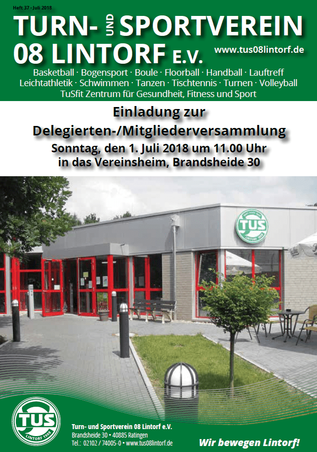 Eingang des Vereinsheims des Turn- und Sportvereins 08 Lintorf mit sichtbaren Fenstern und grüner Bepflanzung.