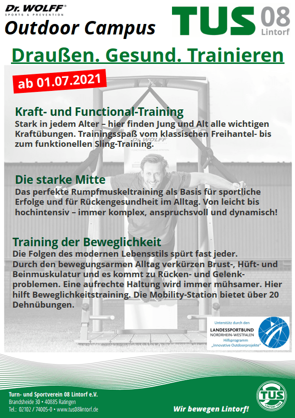 Plakat f&uuml;r Outdoor-Training mit Informationen zu Kraft-, Functional- und Beweglichkeitstraining bei TUS 08 Lintorf.