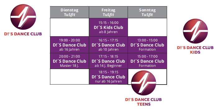 Tanzclub-Zeitplan mit Kursen f&uuml;r Kinder, Jugendliche und Erwachsene von Dienstag bis Sonntag.
