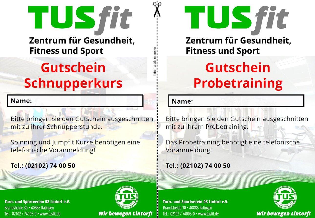 Zwei Gutscheine f&uuml;r das TUSfit Zentrum: Schnupperkurs und Probetraining, jeweils mit Platz f&uuml;r Namen und Kontaktinformationen.