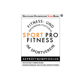 Logo des Deutschen Olympischen Sportbundes mit dem Text &bdquo;SPORT PRO FITNESS&ldquo; und den Hinweisen &bdquo;Gepr&uuml;ft & Empfohlen&ldquo;.