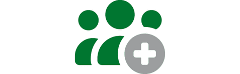 Symbol mit drei stilisierten Personen in Gr&uuml;n und einem grauen Pluszeichen. Repr&auml;sentiert Gemeinschaft und Wachstum.