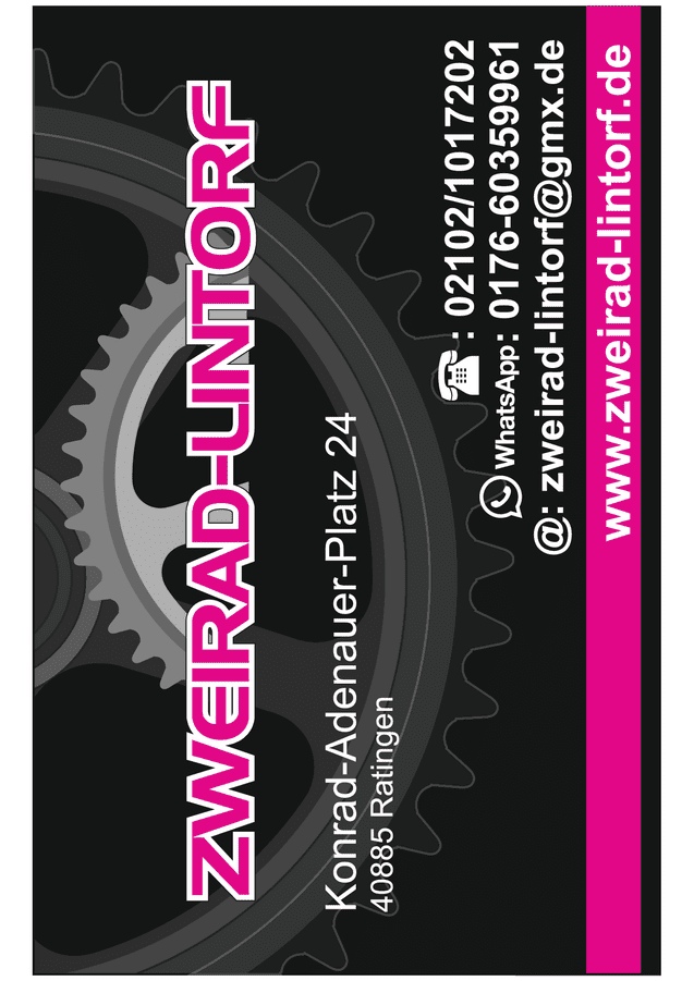 Visitenkarte mit dem Logo von "Zweirad-Lintorf", Kontaktdaten und Adresse in Ratingen.