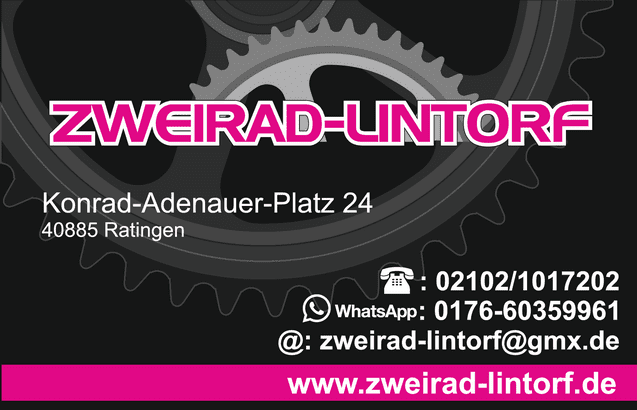 Visitenkarte mit dem Logo von "Zweirad-Lintorf", Kontaktdaten und Adresse in Ratingen.