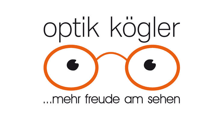 Logo von Optik K&ouml;glers mit stilisierten Brillengl&auml;sern in orange und dem Slogan &bdquo;...mehr Freude am Sehen&ldquo;.
