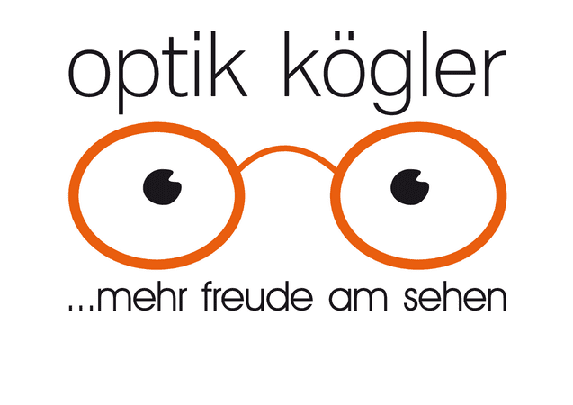 Logo von Optik K&ouml;glers mit stilisierten Brillengl&auml;sern in orange und dem Slogan &bdquo;...mehr Freude am Sehen&ldquo;.