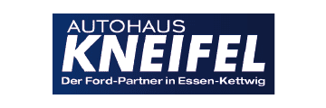 Logo des Autohauses Kneifel mit dem Schriftzug &bdquo;Der Ford-Partner in Essen-Kettwig&ldquo; auf blauem Hintergrund.
