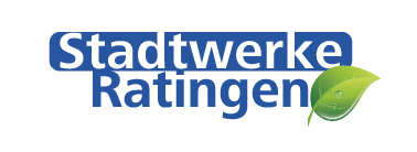 Logo der Stadtwerke Ratingen mit blauer Schrift und einem gr&uuml;nen Blatt-Symbol.