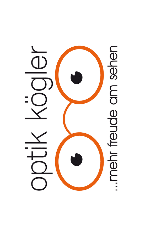 Logo von Optik K&ouml;glers mit stilisierten Brillengl&auml;sern in orange und dem Slogan &bdquo;...mehr Freude am Sehen&ldquo;.