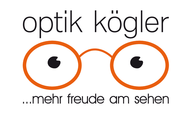 Logo von Optik K&ouml;glers mit stilisierten Brillengl&auml;sern in orange und dem Slogan &bdquo;...mehr Freude am Sehen&ldquo;.